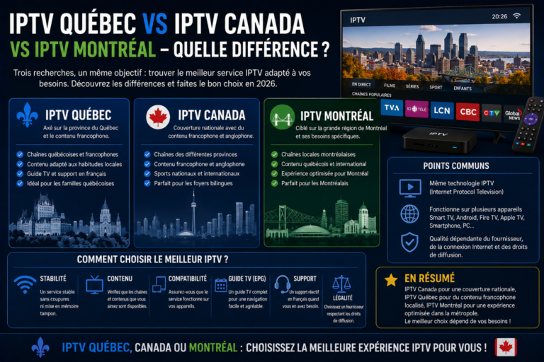 IPTV Québec & IPTV Canada & IPTV Montréal – comparaison et différences 2026