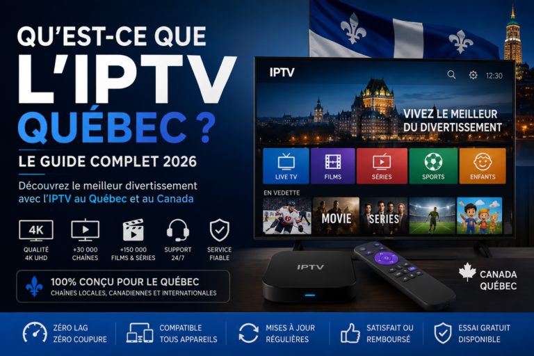 Qu'est-ce que l'IPTV Québec ? Guide complet 2026 présentant un abonnement IPTV Québec avec chaînes canadiennes, films, séries, sport en direct et streaming 4K sur Smart TV.