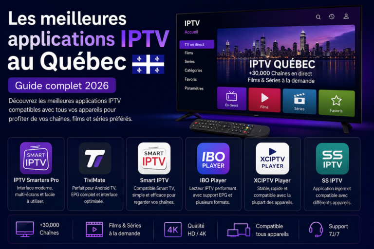 Les meilleures applications IPTV Québec : guide complet 2026 avec IPTV Smarters Pro, TiviMate, Smart IPTV, IBO Player, XCIPTV Player et SS IPTV.