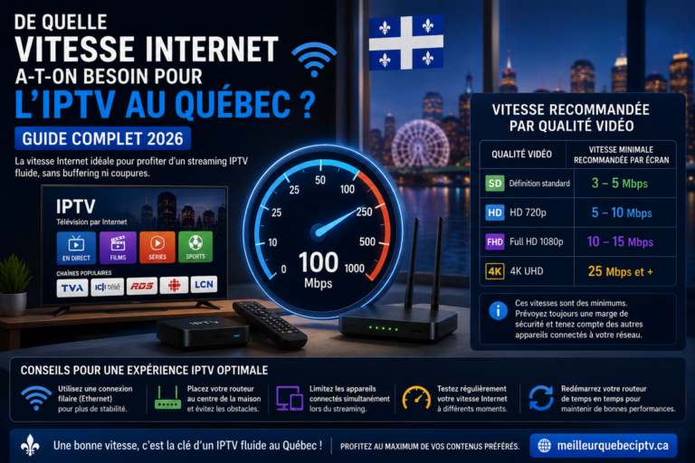 Quelle Vitesse Internet IPTV Québec – Mbps recommandés pour HD Full HD et 4K en 2026